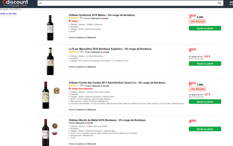 Exemple de page de vins sur Cdiscount